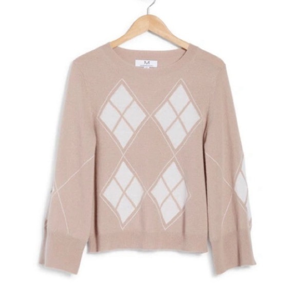Magaschoni 100% Cashmere Argyle Crew Neck Sweater Pink Blush Size Medium - Picture 1 of 8